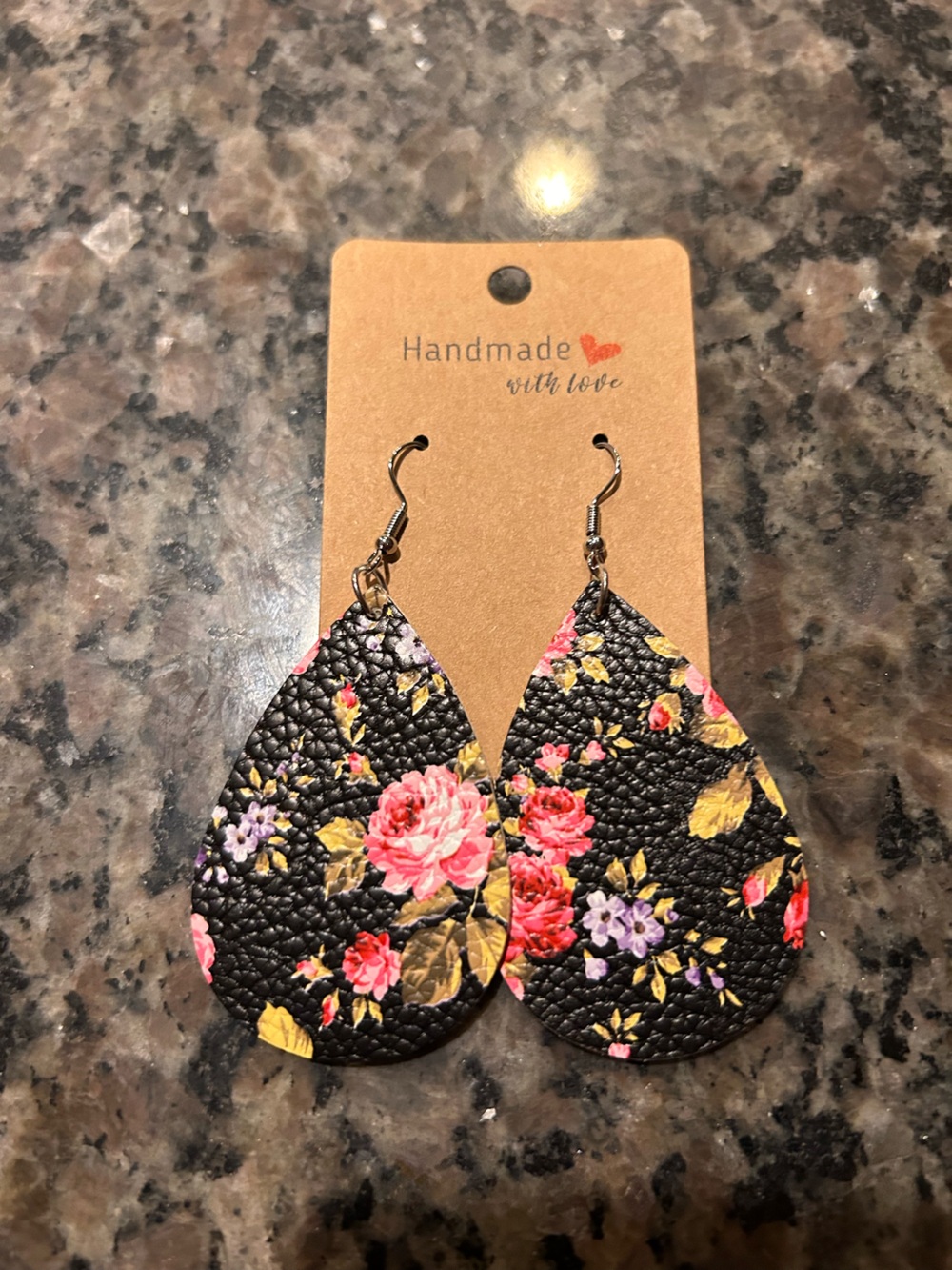 Handmade Floral Black Leather Teardrop Earrings